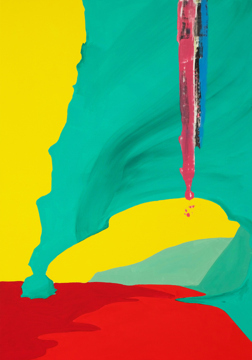 Abstract painting in flat blocks of yellow, green and red, with a vertical magenta, blue and black stripe descending from the top edge and ending in a drip, acrylic on canvas