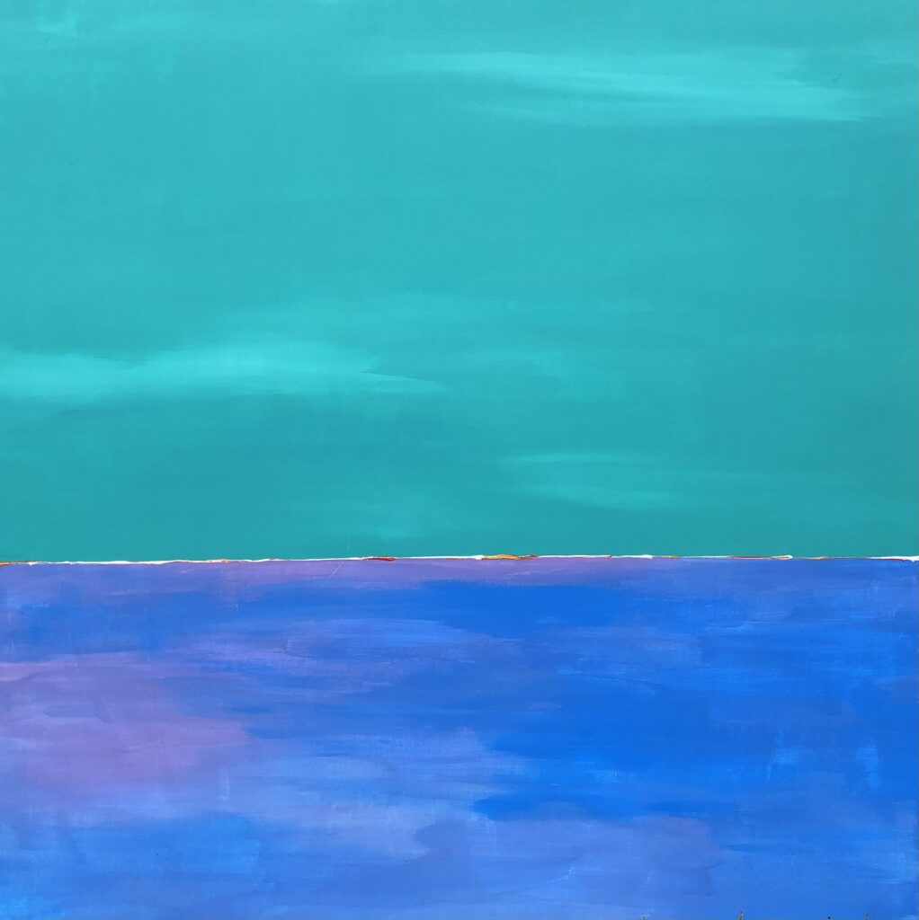 Silence, abstract seascape in turquoise and deep blue, acrylic on wood, a bright white horizon line low in the frame with touches of violet and ochre
