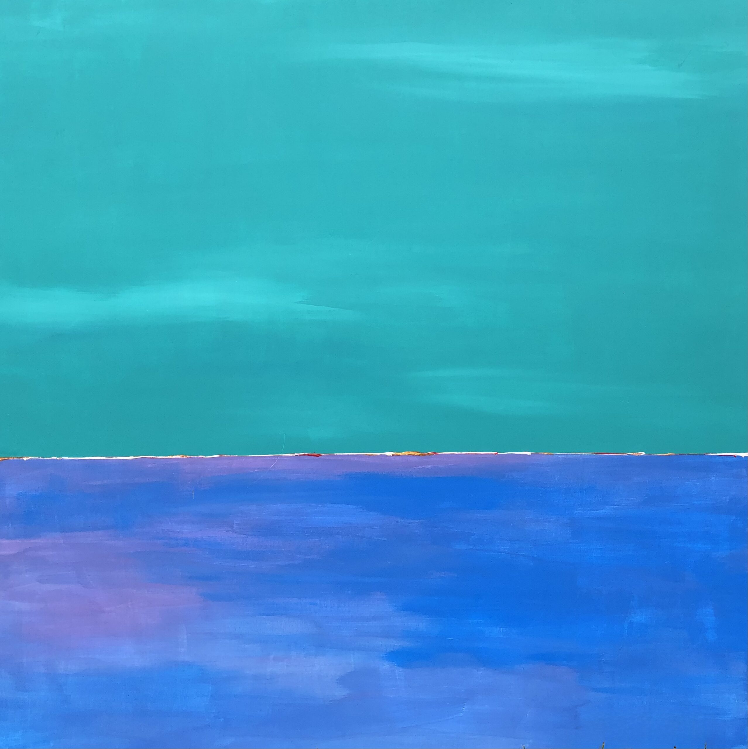 Silence, abstract seascape in turquoise and deep blue, acrylic on wood, a bright white horizon line low in the frame with touches of violet and ochre