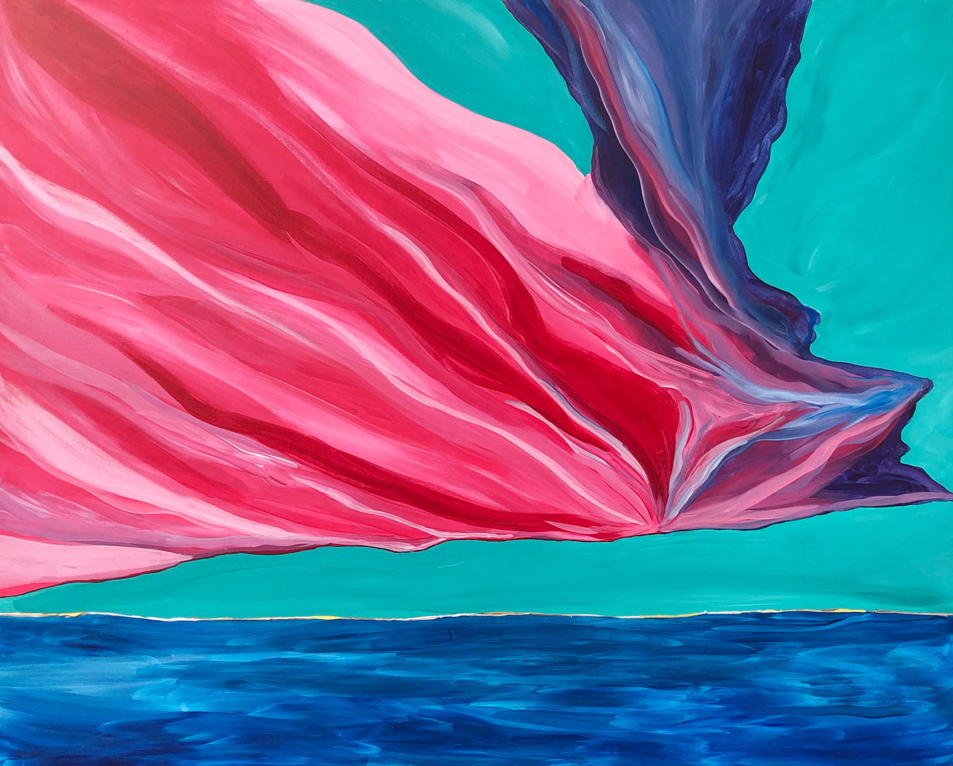 Large abstract seascape in acrylic on wood: a sweeping pink and crimson cloud across a turquoise sky, a deep blue and violet form entering from the right, a band of dark blue sea below a low horizon