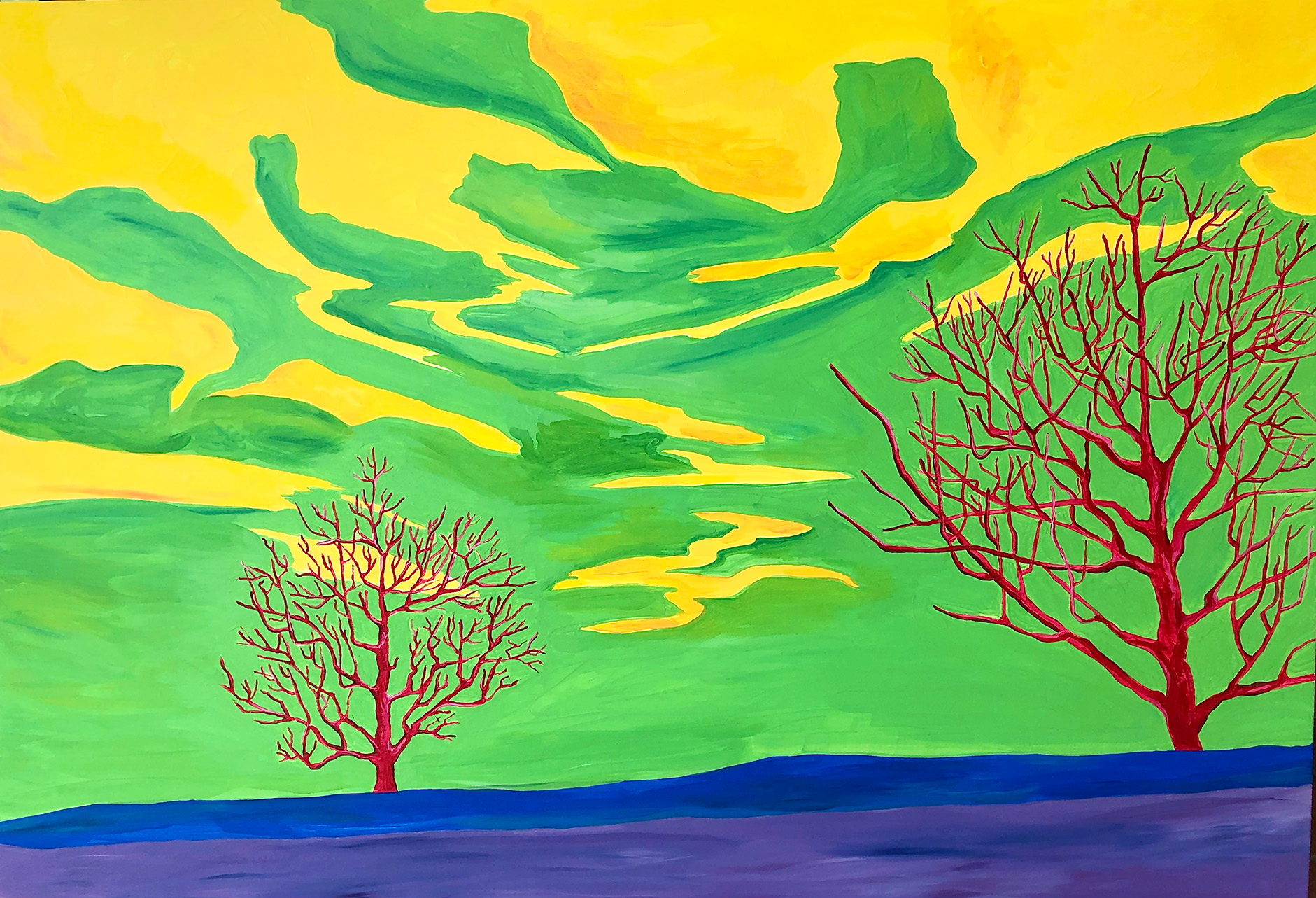 Bright landscape in yellow and green with two bare crimson trees and a blue and purple band along the bottom, acrylic on wood